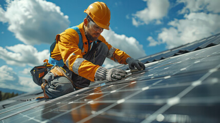 A man in a yellow jacket is wearing gloves and working on a solar panel. Concept of hard work and dedication to the task at hand