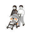 ベビーカーを使って散歩する赤ちゃん連れの親子