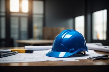 Blue construction helmet on building blueprint paper with project plan on table.