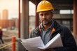 Civil engineer hold planning document with building construction background