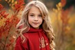 Portrait of a beautiful little girl with long blond hair in the autumn park