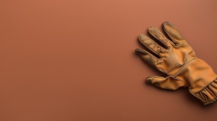 Worn leather work glove on a brown surface