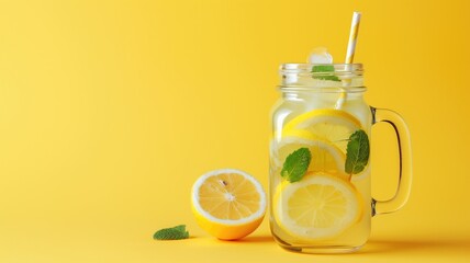 Wall Mural - Refreshing lemonade with mint in a mason jar on a vibrant yellow background