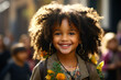 girl with afro and typical clothing from her country smiling and happy