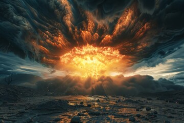 Nuclear explosion at night among clouds