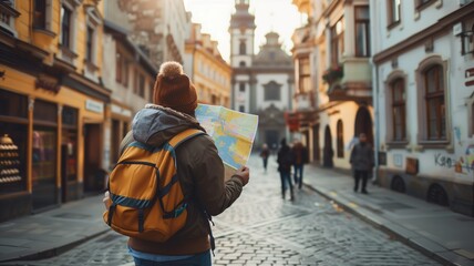 Back view of a traveler with a backpack holding a map on a picturesque cobblestone street