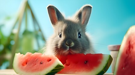 Wall Mural - A fluffy rabbit nibbles on a slice of watermelon with messy enthusiasm. 