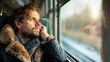 © Artyom - Contemplative man gazing through a train window, reflecting on a journey