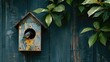 A bluebird peers out from a rustic birdhouse, nestled among verdant leaves against a weathered blue background