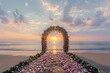A beautiful wedding setup on the beach with a floral arch and petals lining the aisle