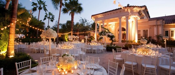 An elegant white garden wedding reception venue is ready to welcome guests