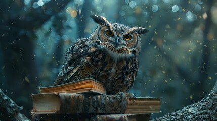 An enigmatic owl appears immersed in ancient tomes, suggesting wisdom beyond years, set against the magical backdrop of an autumnal forest.