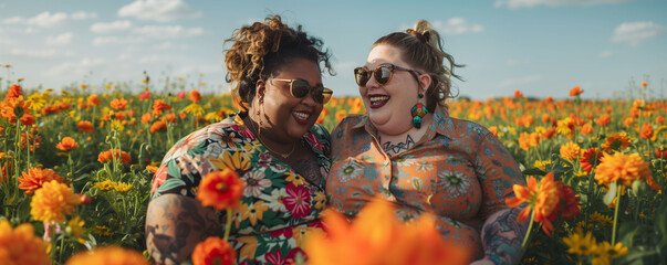 Portrait of two beautiful happy plus size women enjoying a spring day in a field of flowers. Concept spring, outdoors, good weather..