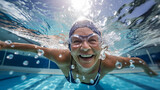 水泳・スイミングをする元気な高齢者の女性・プールで泳ぐシニア