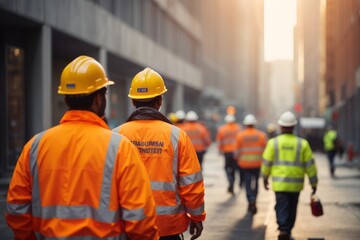 Group of construction workers in safety suit and hat walking on city street