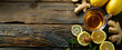 Chinese ginger tea with lemon and honey on a wooden background, depicting a copy space concept for a healthy lifestyle, showing traditional natural herbal medicine 