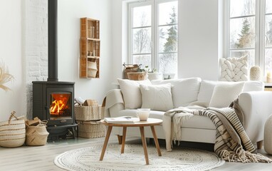 Wall Mural - Bright White Living Space with Cozy Fireplace and Textured Decor. Generative AI.