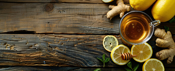 chinese ginger tea with lemon and honey on a wooden background, depicting a copy space concept for a