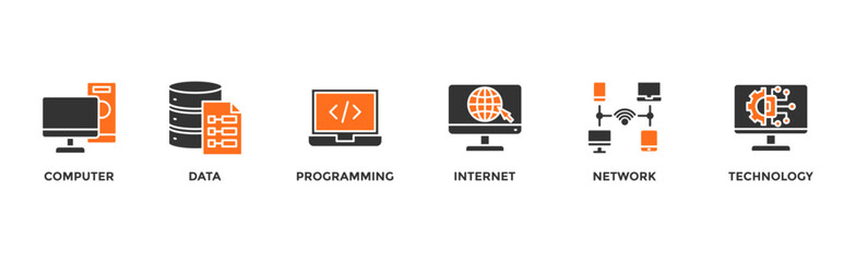 Information technology banner web icon illustration concept with icon of computer, data, programming, database, internet, network, and technology	