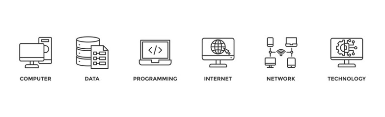Information technology banner web icon illustration concept with icon of computer, data, programming, database, internet, network, and technology	