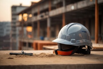 safety helmet with unfinished city building construction site background