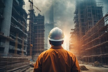 Back view of construction worker wearing safety helmet with city building construction site background