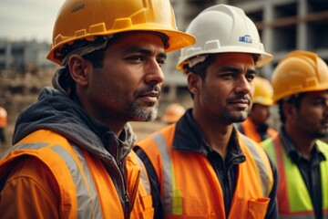 construction workers wearing helmet and safety vest on construction construction site