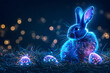 Blue bunny with Easter egg made of neon light on dark background with glowing lights. Futuristic technology concept. Creative holiday design for card, banner, poster with copy space