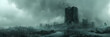 Artistic concept illustration of a destroyed nuclear landscape,
 ruined city with dramatic clouds scary halloween background concept