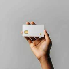 A hand holding a mockup bank card with a scanning chip symbolizing online payment. Concept Photography, Online Payment, Technology, E-commerce, Mockup.