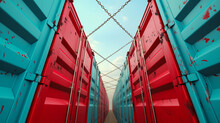 A Row Of Red And Blue Shipping Containers With Chains Hanging From The Top, Trade Barriers Concept