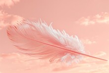 Delicate Pink Feather Against A Soft Coral Sky With Wispy Clouds.
