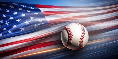 Wall Mural - Baseball and American flag in dynamic motion - A conceptual image of a baseball with a dynamic American flag in the background suggesting movement and patriotism