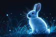 Blue Easter bunny made of neon light on dark background with glowing lights. Futuristic technology concept. Creative holiday design for card, banner, poster with copy space