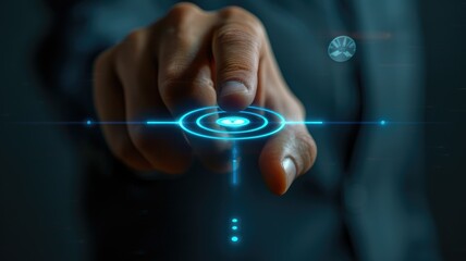 Poster - Finger touching futuristic interface technology - An image capturing a finger poised to touch a glowing digital interface, evoking concepts of future tech and innovation