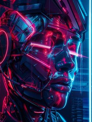 Poster - Cybernetic face structure with neon contour lines - A digitally rendered portrait composed of cybernetic features illuminated with intense neon contour lines