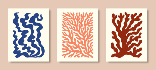 Wall Mural - matisse coral abstract shape. vector poster organic art poster. modern pattern with leaf, algae. geo