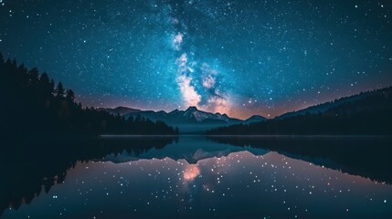 Wall Mural - A beautiful night sky with a lake and mountains in the background.