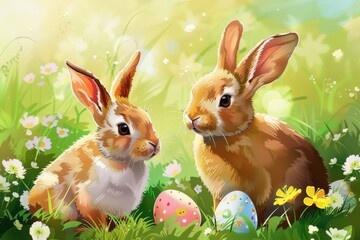 Wall Mural - Two adorable rabbits with Easter eggs in grass - Two cute bunnies surrounded by lush grass and Easter eggs illustrate the joys of spring and holiday celebrations