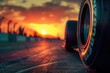 A tire is shown in front of a sunset, with the sun in the background.