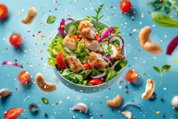 Wall Mural - A bowl of salad with chicken and vegetables is shown in the air. The bowl is filled with lettuce, tomatoes, and onions
