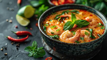 Tom Yum kung Spicy Thai soup with shrimp in a black bowl on a dark background, top view.