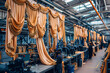 Industrial textile manufacturing, highlighting machinery and fabric production in a factory setting