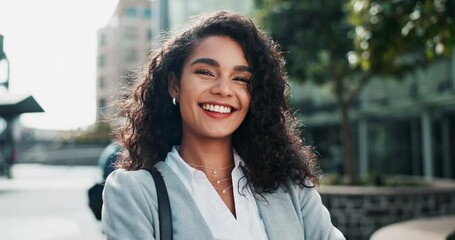 Sticker - Face, arms crossed and business woman in city for work, career or job of employee in urban town in Brazil. Portrait, confidence and happy professional outdoor, entrepreneur and consultant in street