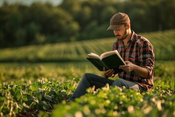 Wall Mural - Man in a cap and plaid shirt reading a book in a green field, with soft sunlight in the background.