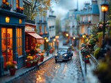 Fototapeta Londyn - Paris street with windows, houses, and flowers with tilt-shifted miniature effect