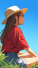 Wall Mural - Hand drawn illustration of a girl sitting on the grass under the blue sky in spring