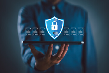 Fototapete - Cybersecurity and privacy concepts to protect data. Lock icon and internet network security technology. Businessman protecting personal data on smartphone, virtual screen interfaces. cyber security.