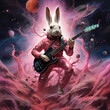 pink bunny, alien, full body, standing on 2 lege, playing black electric guitar, generative ai illustration.