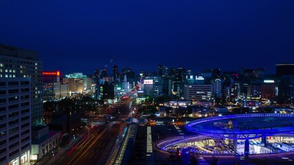 Canvas Print - aerial night timelapse street road view among city center of Nagoya in Chubu region business district area